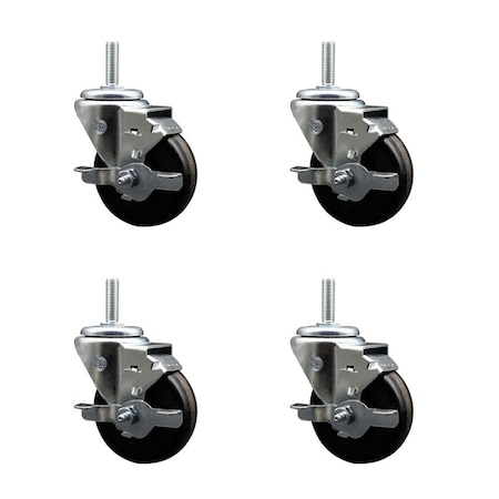 Service Caster 35 Inch Phenolic Wheel Swivel 58 Inch Threaded Stem Caster Set with Brake SCC SCC-TS20S3514-PHS-TLB-58212-4